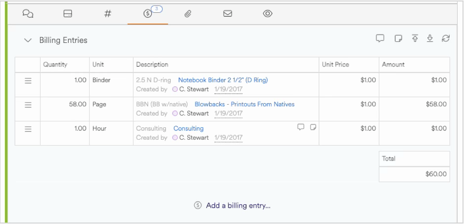 Billing entries table showing quantities, descriptions, unit prices, and total amount.